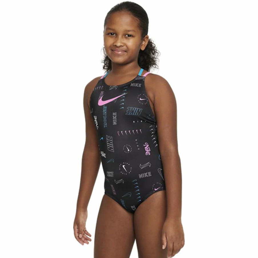 Kids * | Best Sellers Nike Girls' Logo Toss Spiderback One Piece (Black)