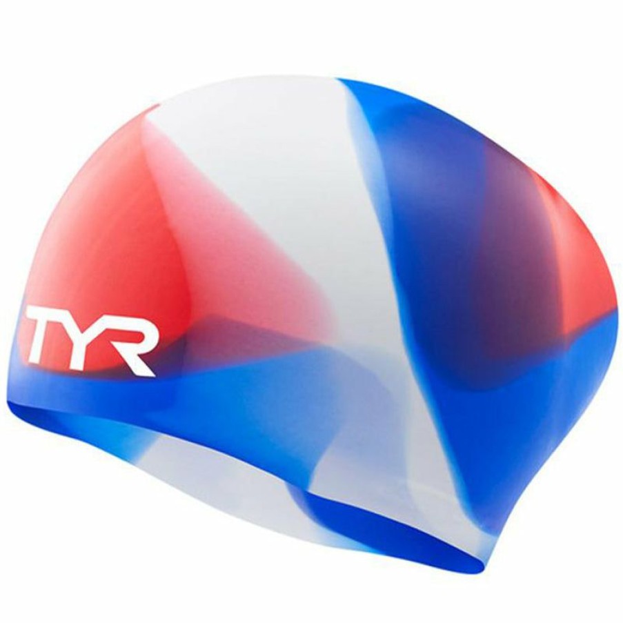 Accessories * | Discount Store Tyr Junior Tie Dye Long Hair Silicone Swim Cap Red/White/Blue