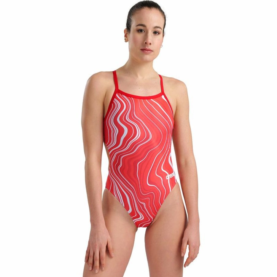 Womens * | Special Style Arena Marbled Challenge Back Ladies Swimsuit Red/Multi